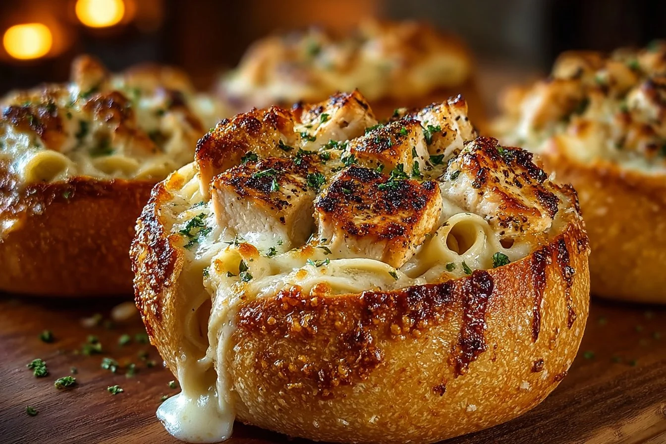 Delicious Chicken Alfredo served in garlic bread bowls, perfect for a hearty meal.