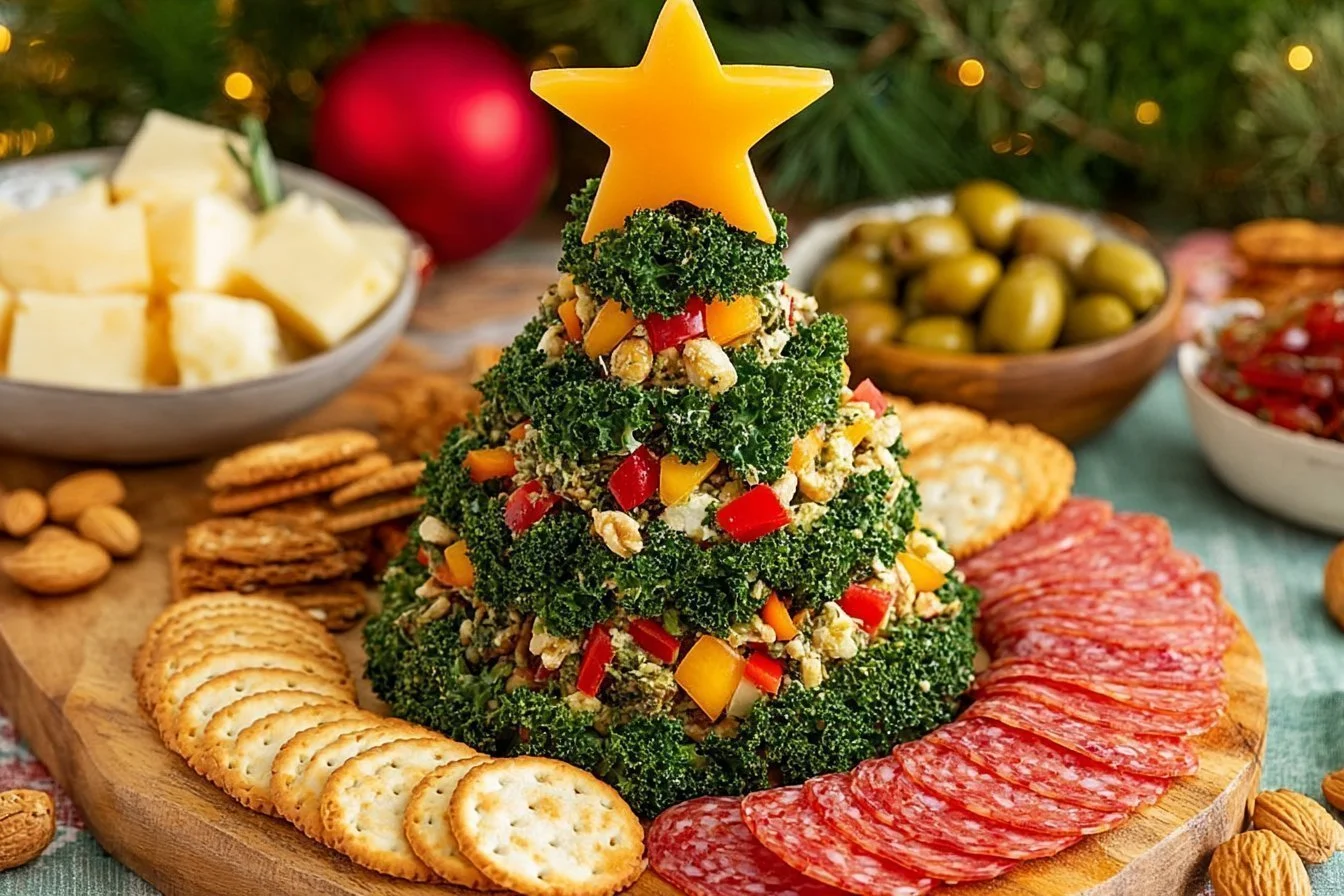 Festive Christmas Tree Cheeseball decorated with herbs and vegetables