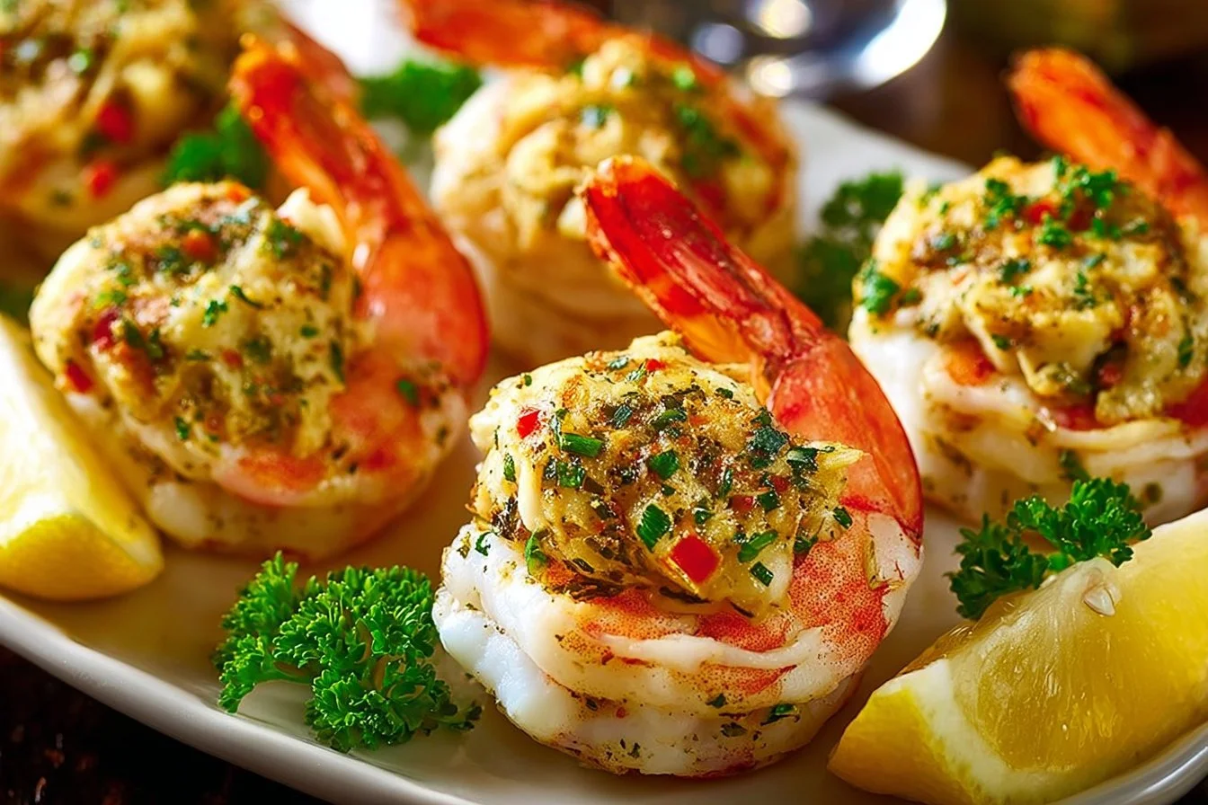 A plate of crab cake stuffed shrimp garnished with herbs and lemon, showcasing the dish's elegance.