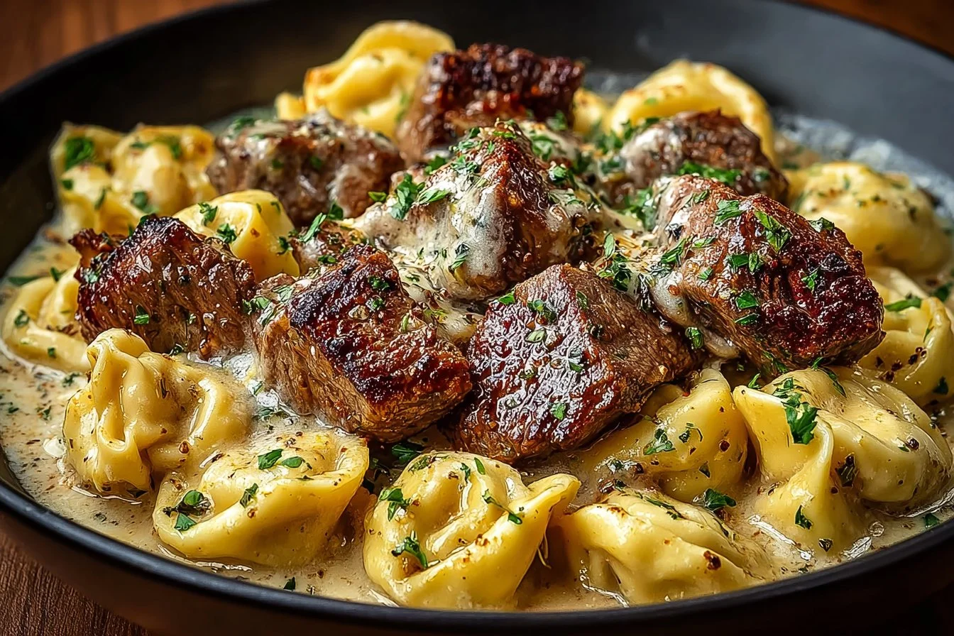 Delicious cracked garlic steak tortellini served in creamy sauce