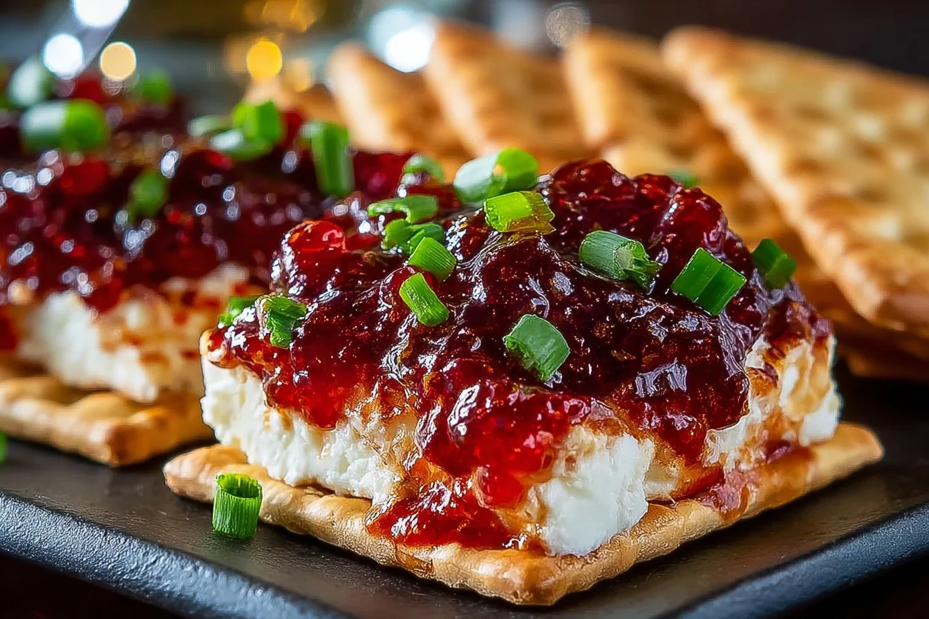 Cranberry Pepper Jelly Spread on a cracker with herbs