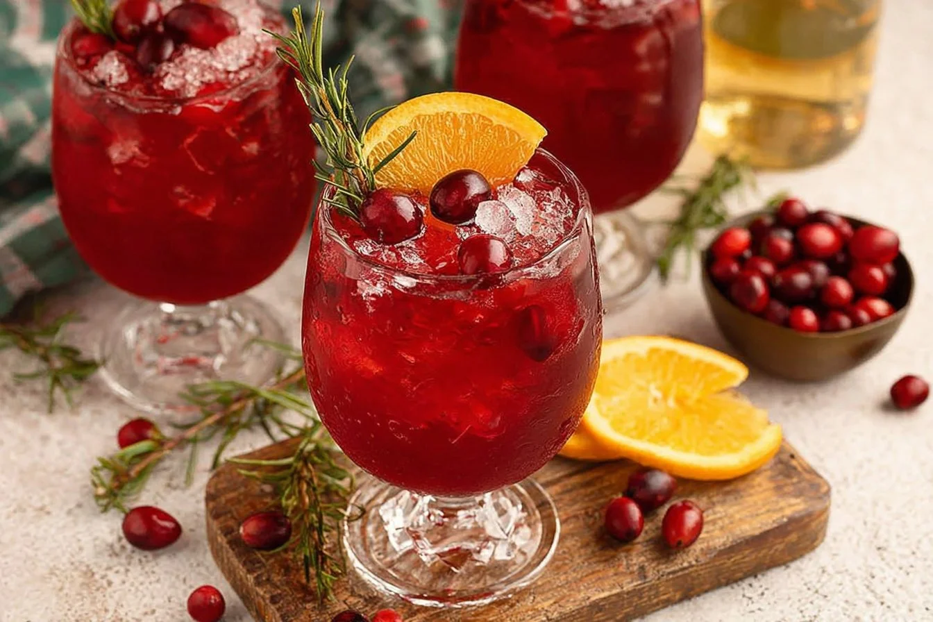 Cranberry Whiskey Sour cocktail garnished with cranberries and lime