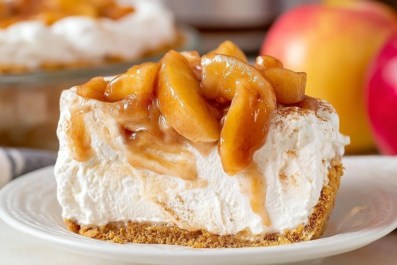 Creamy no bake apple cheesecake pie topped with fresh apple slices