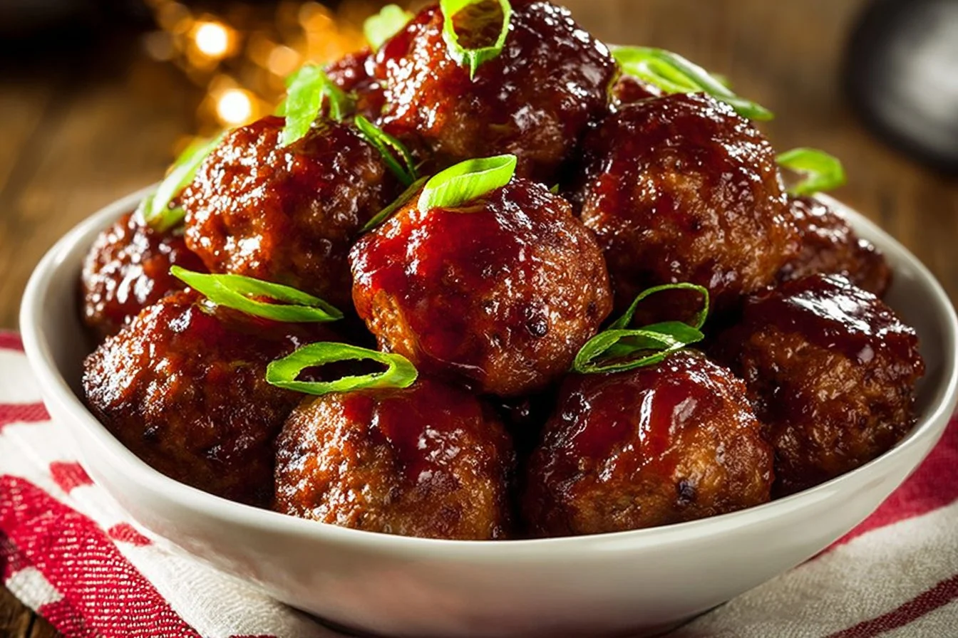 Crock Pot cranberry meatballs served on a festive platter.