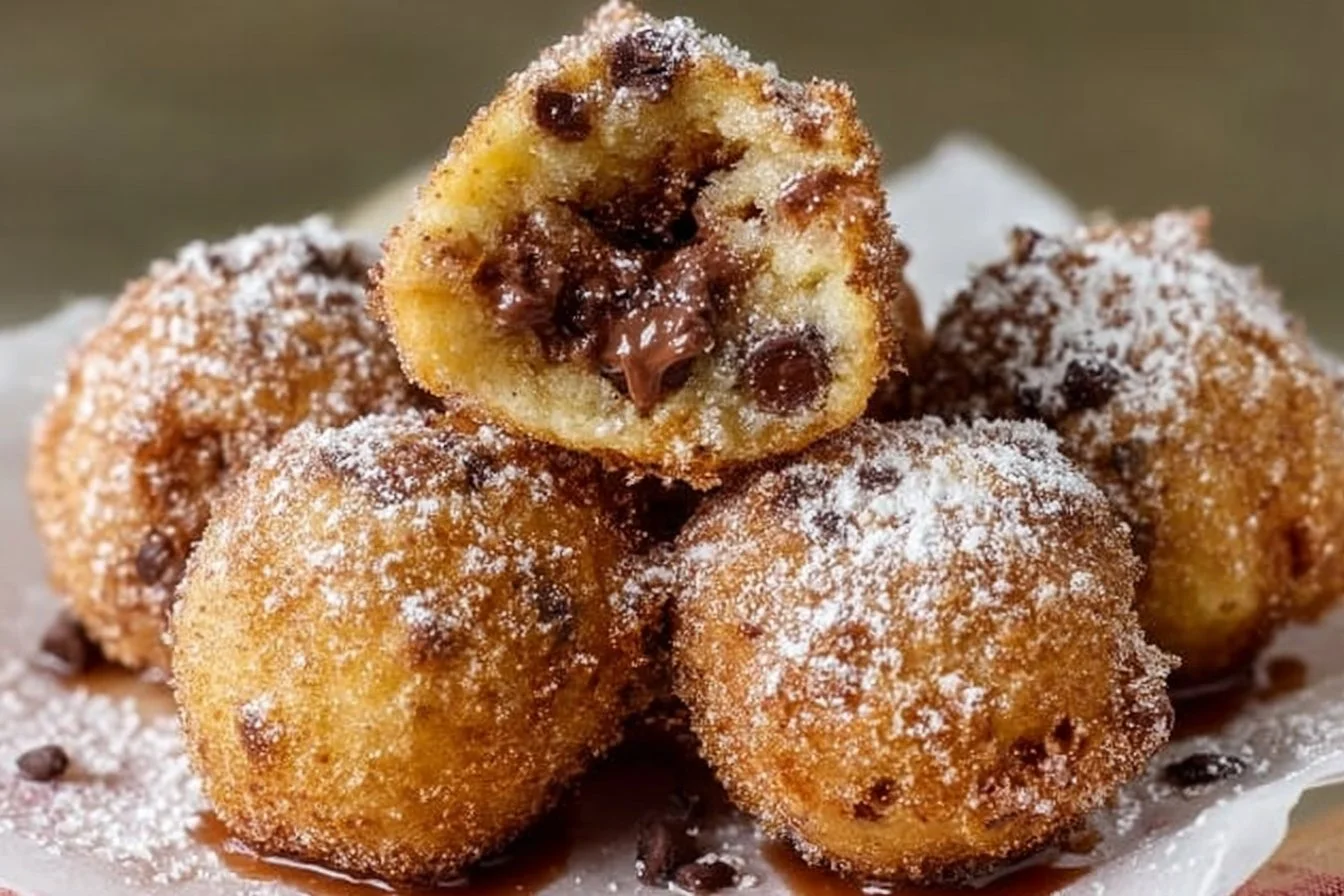 Deep-fried cookie dough dessert served with chocolate drizzle