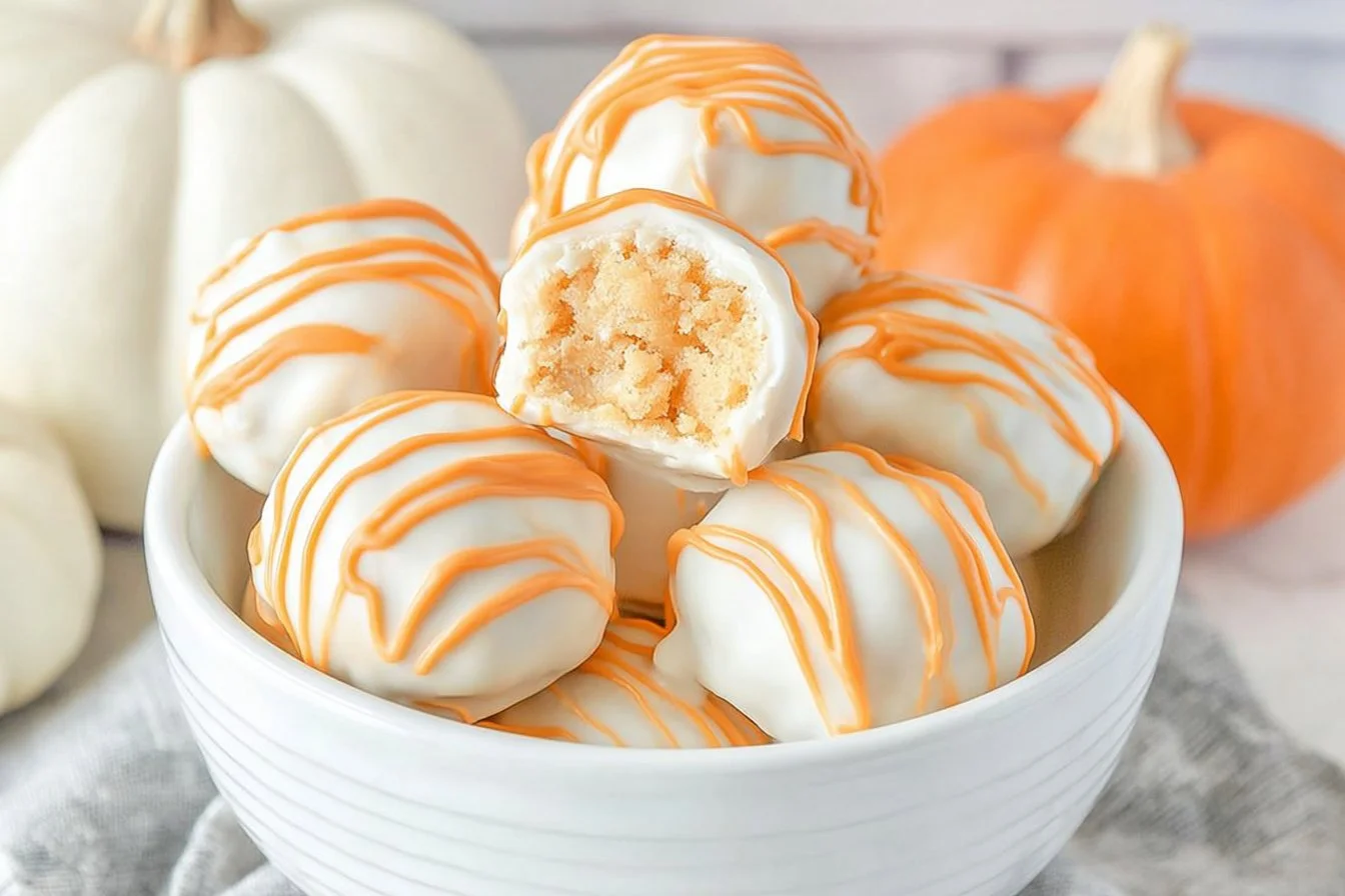 Delicious white chocolate pumpkin truffles on a decorative plate