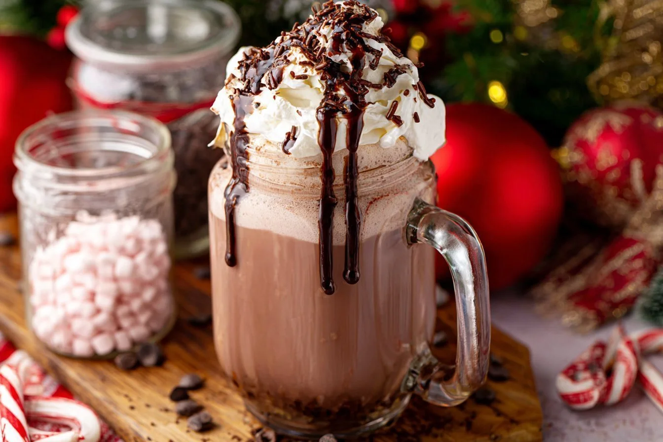 Delicious Dirty Snowman cocktail topped with whipped cream and festive sprinkles