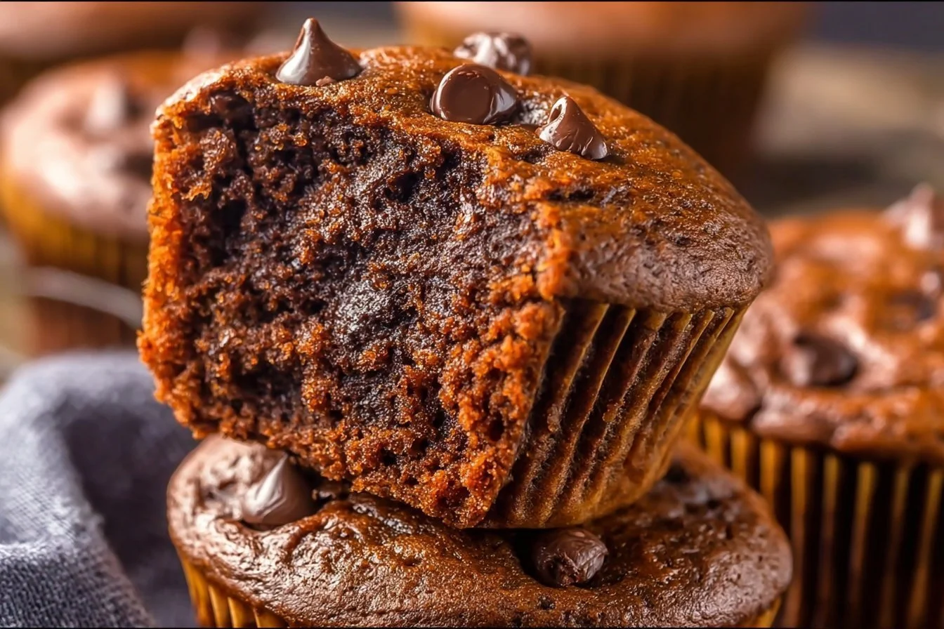 Delicious double chocolate muffins garnished with chocolate chips