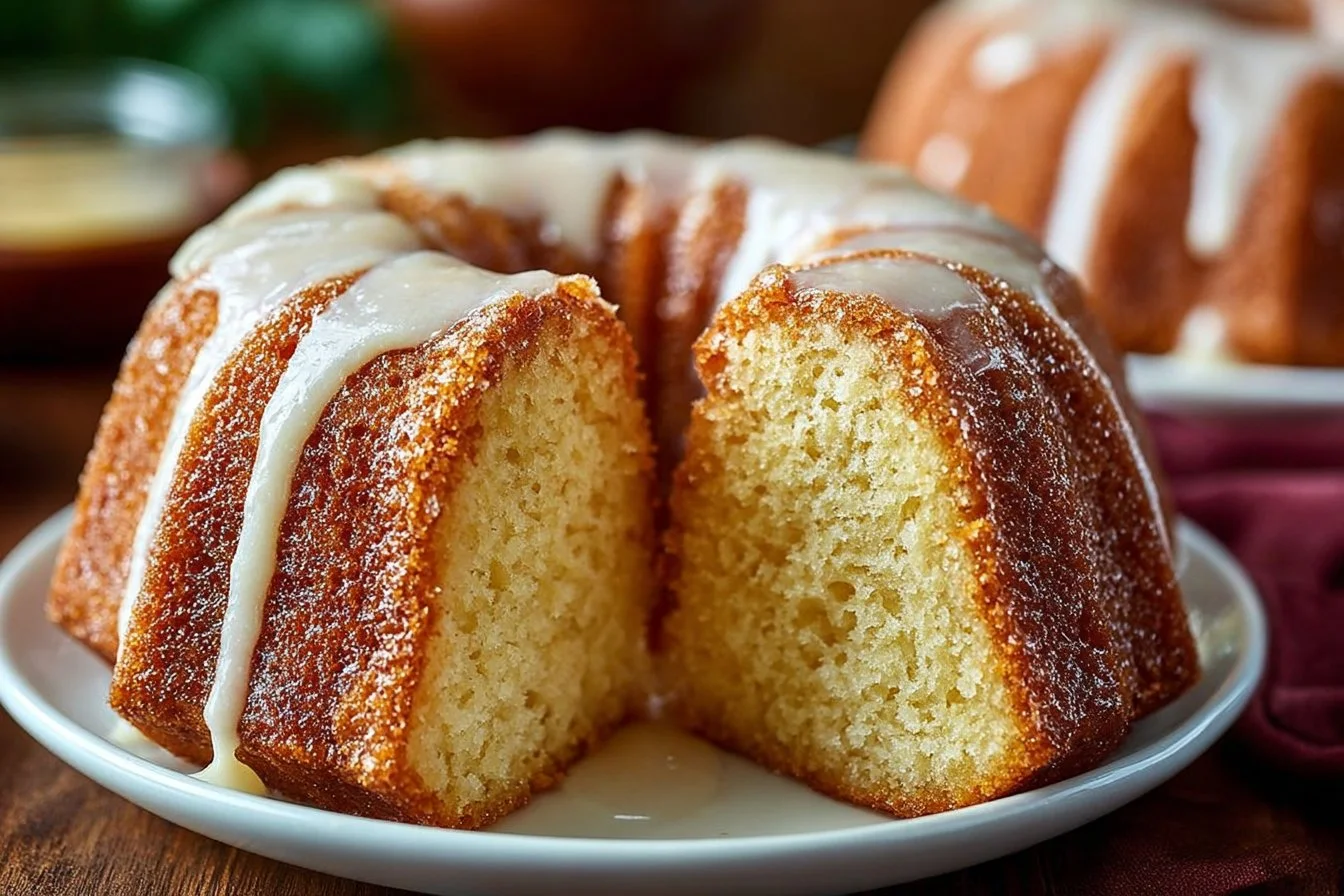 Slice of Eggnog Pound Cake decorated with holiday spices and icing
