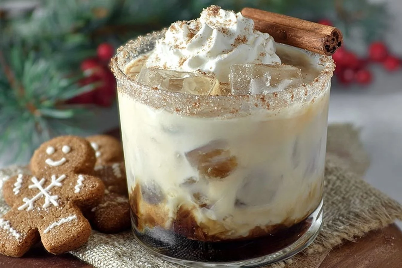Creamy Festive Gingerbread White Russian cocktail in a glass with festive decor.