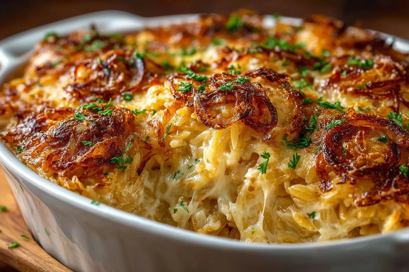 French Onion Chicken Orzo Casserole topped with cheese and herbs