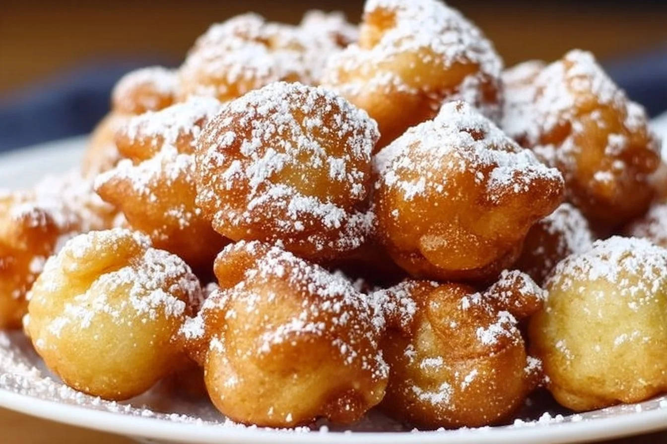 A plate of crispy funnel cake bites dusted with powdered sugar.