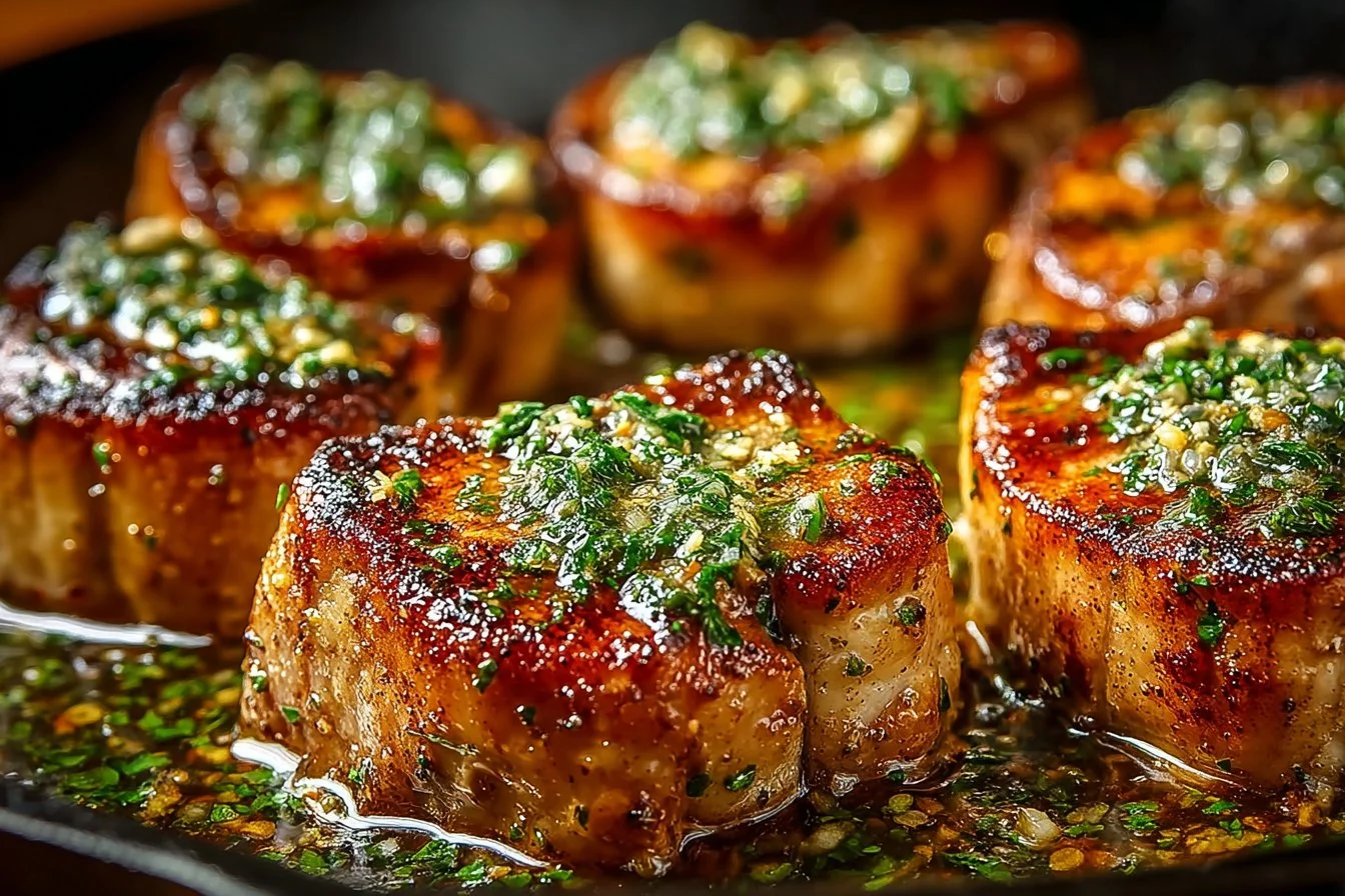 Delicious garlic butter pan-seared pork chops on a plate with herbs