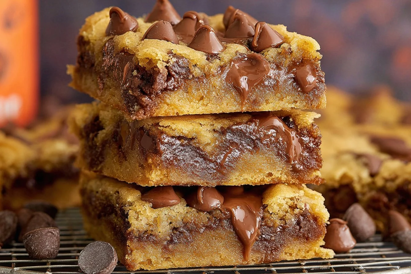 Delicious gooey chocolate chip cookie bars fresh out of the oven