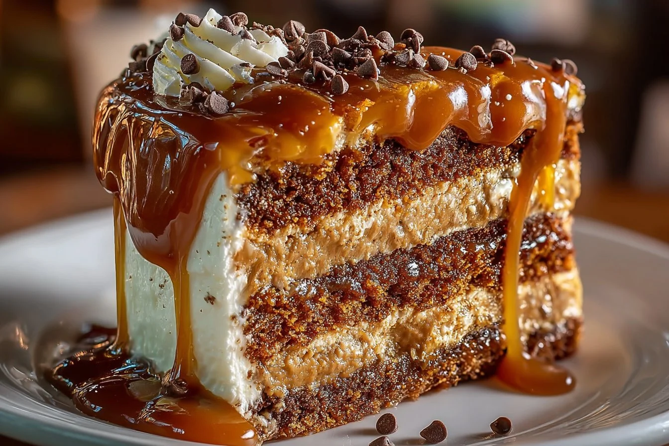 Delicious gooey coffee caramel cake topped with rich caramel drizzle