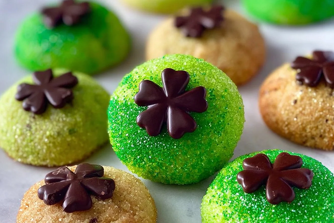 Green and gold sugar cookies decorated with chocolate clovers