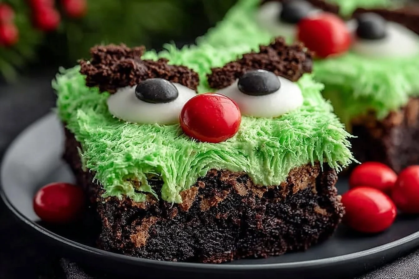 Delicious Grinch Brownies decorated with green frosting and red sprinkles