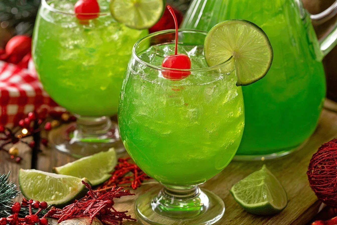 A festive Grinch Punch drink garnished with green and red fruits, perfect for holiday parties.