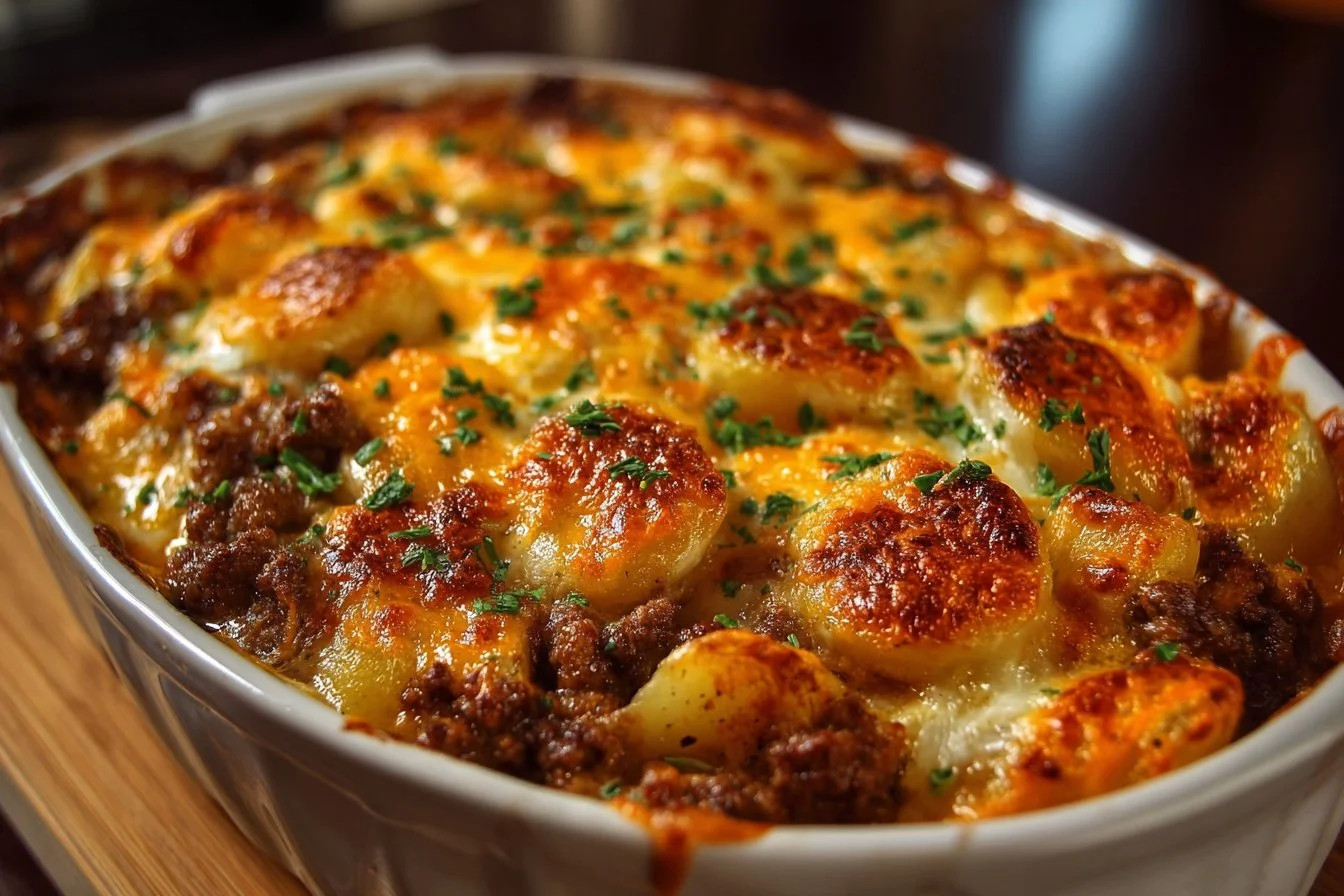 A delicious Hobo Casserole with layers of meat and vegetables in a baking dish.