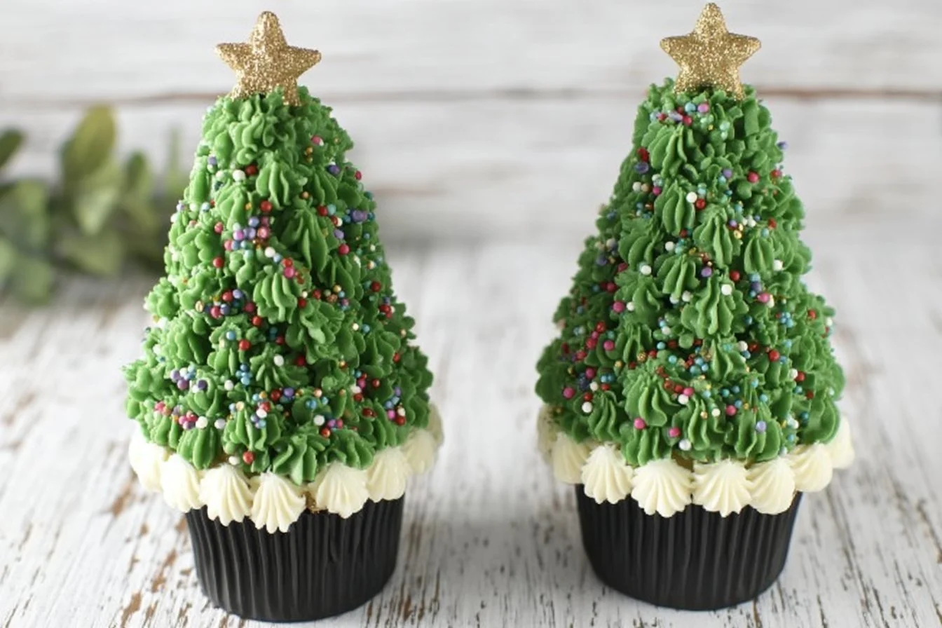Ice Cream Cone Christmas Tree Cupcakes decorated with colorful icing.