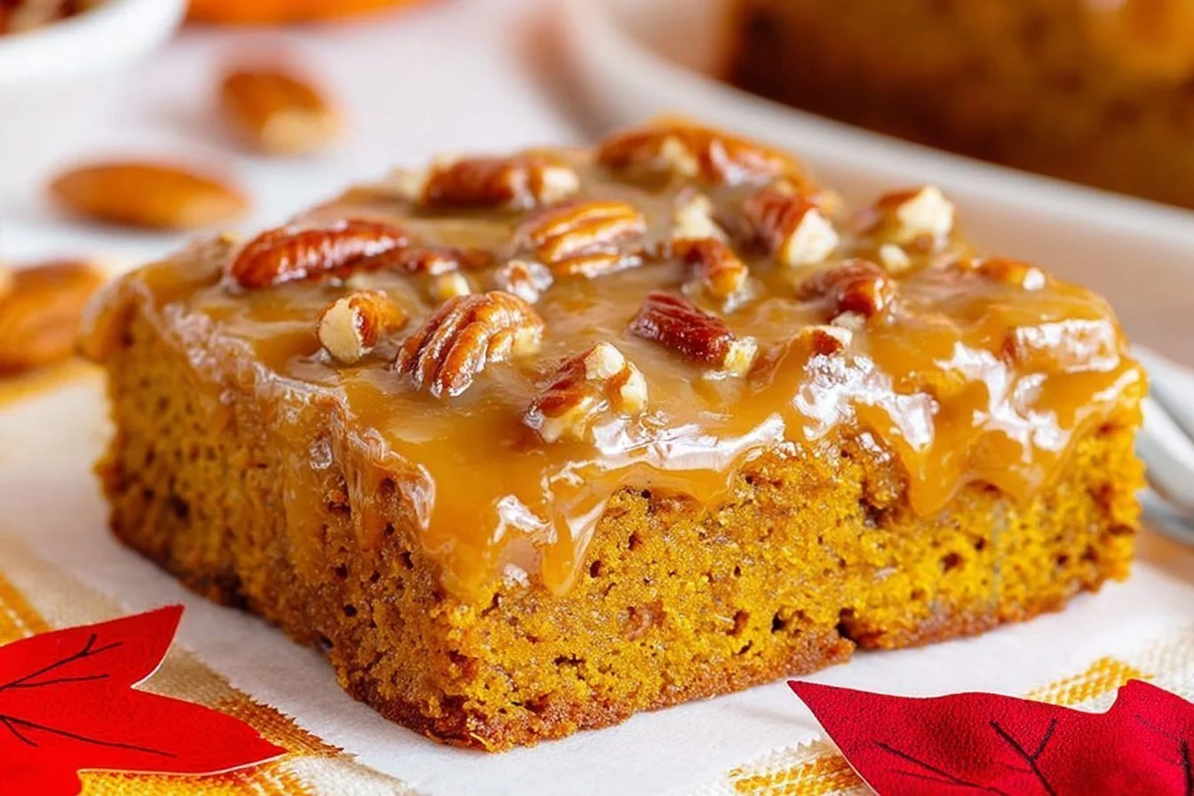 Irresistible pumpkin snack cake topped with creamy praline icing
