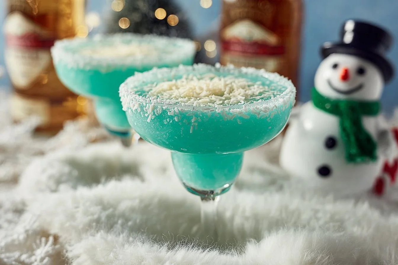 Jack Frost cocktail served in a frosty glass with winter-themed decorations.