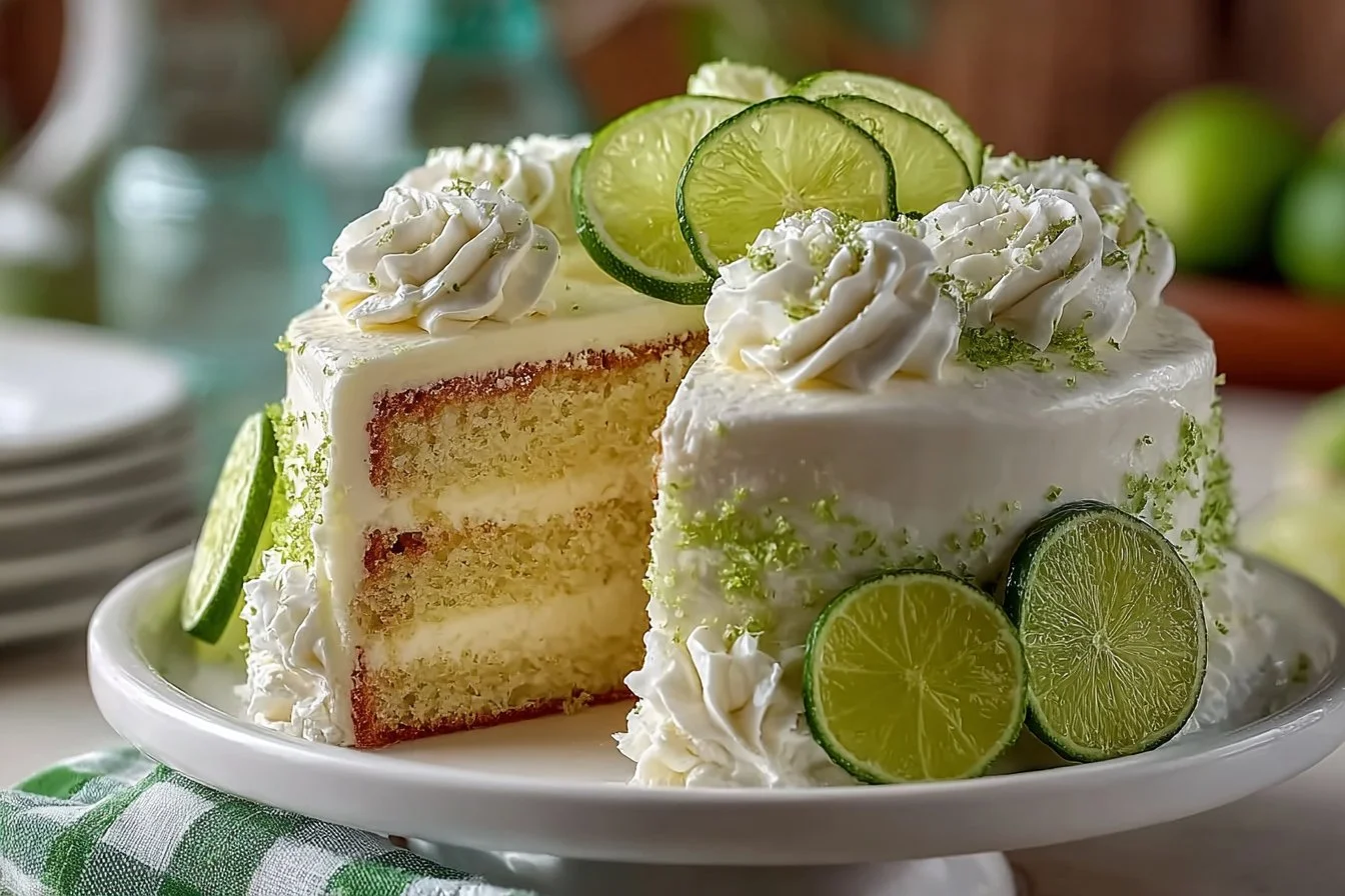 A slice of moist Key Lime Cake with whipped cream and lime zest on top.