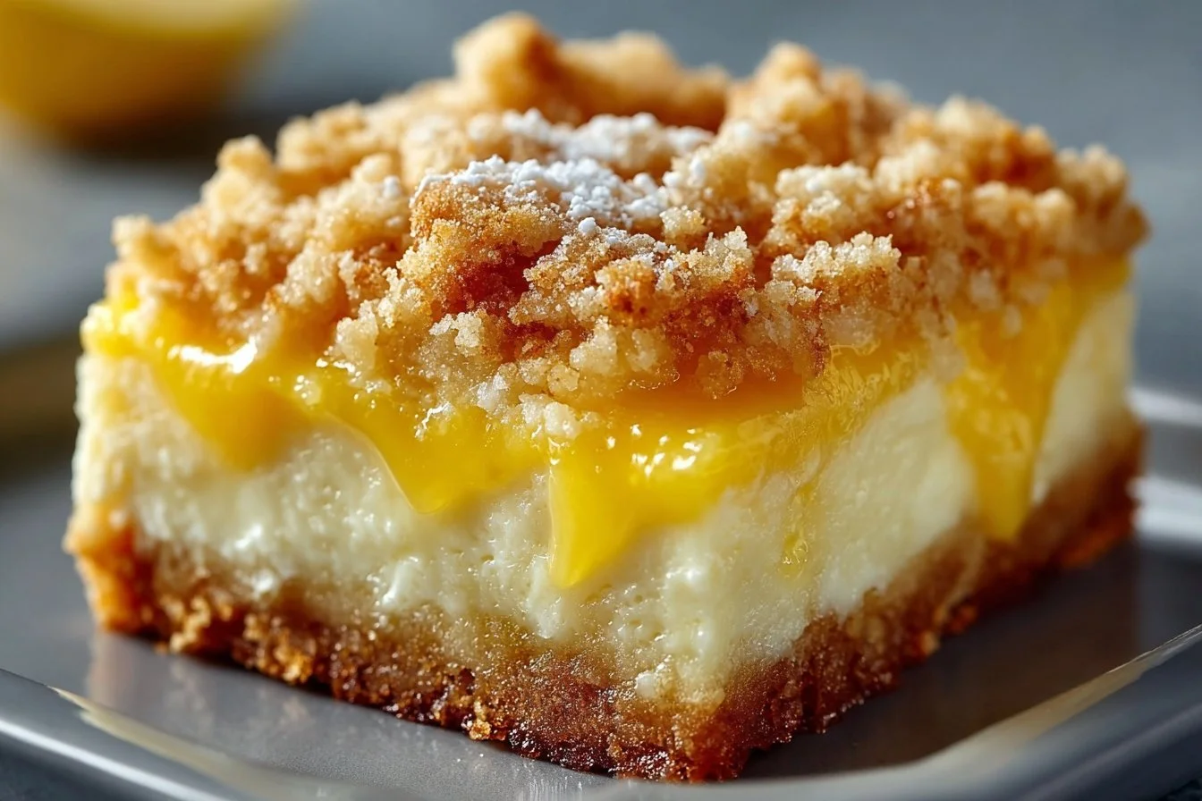 Delicious Lemon Cream Cheese Dump Cake served on a plate.