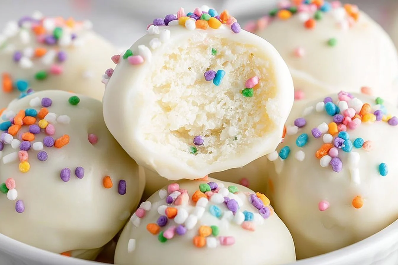 Lofthouse sugar cookie truffles topped with sprinkles on a white plate