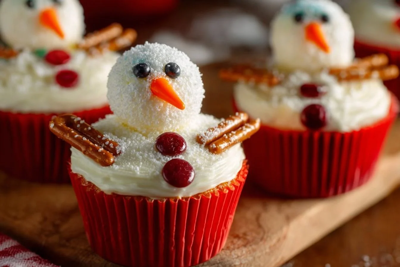 Delicious melted snowman cupcakes decorated with frosting and marshmallows.