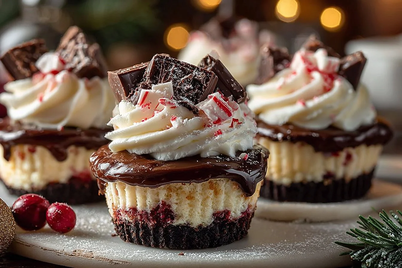 Mini Peppermint Bark Cheesecakes decorated with chocolate and peppermint candy.