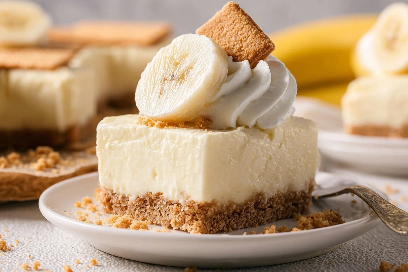 No Bake Banana Pudding Cheesecake Bars with creamy banana and vanilla layers