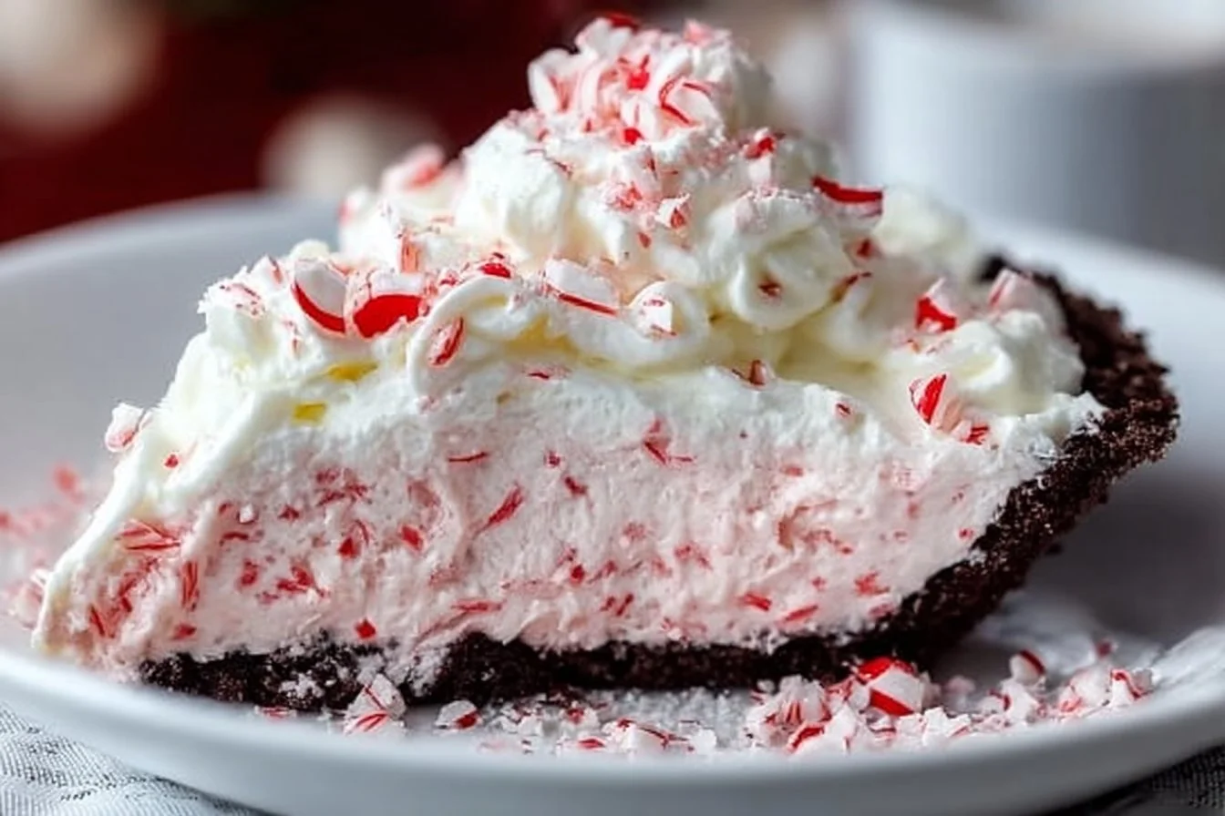 No-bake Christmas Peppermint Pie topped with whipped cream and peppermint sprinkles