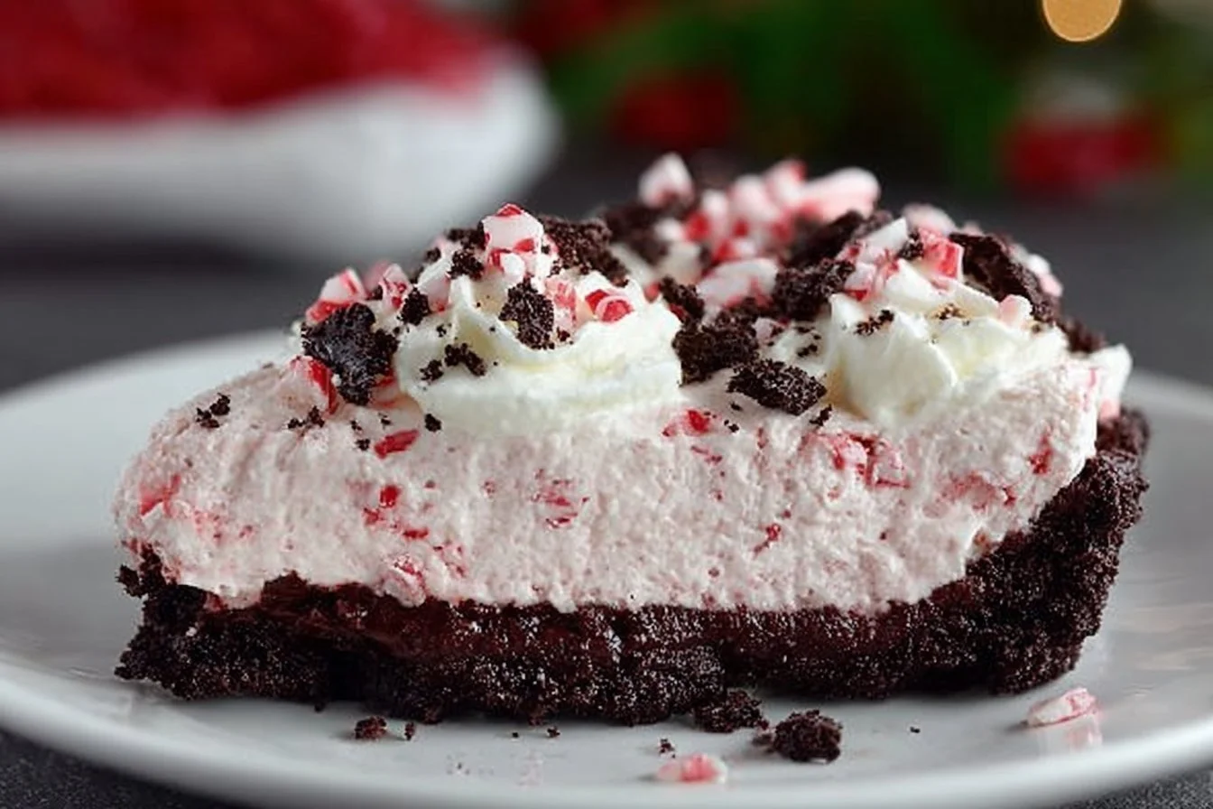 No bake peppermint cheesecake with Oreo crust served on a festive plate