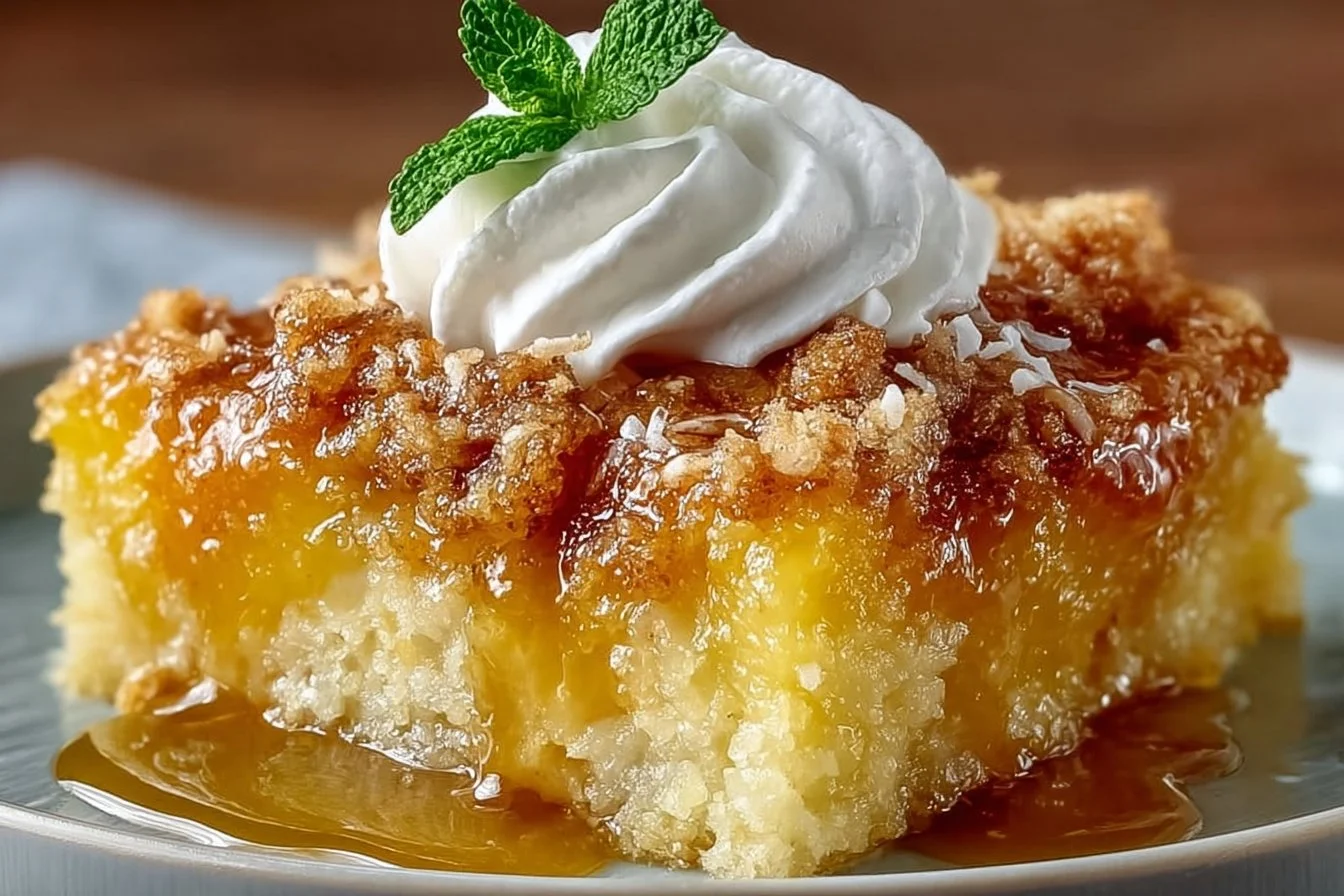 Delicious Pineapple Dump Cake served on a white plate