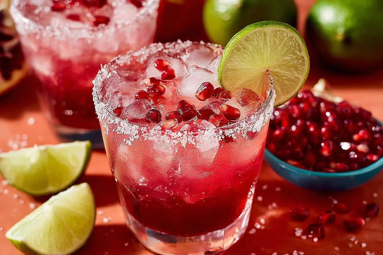 Refreshing pomegranate margaritas served in a glass with garnishes
