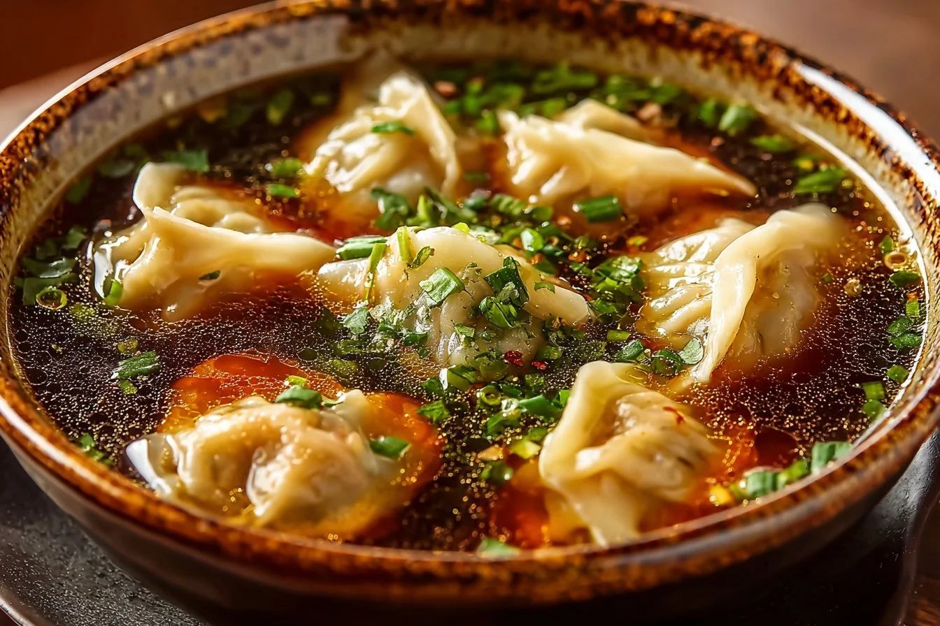 Bowl of delicious Potsticker Soup topped with fresh herbs