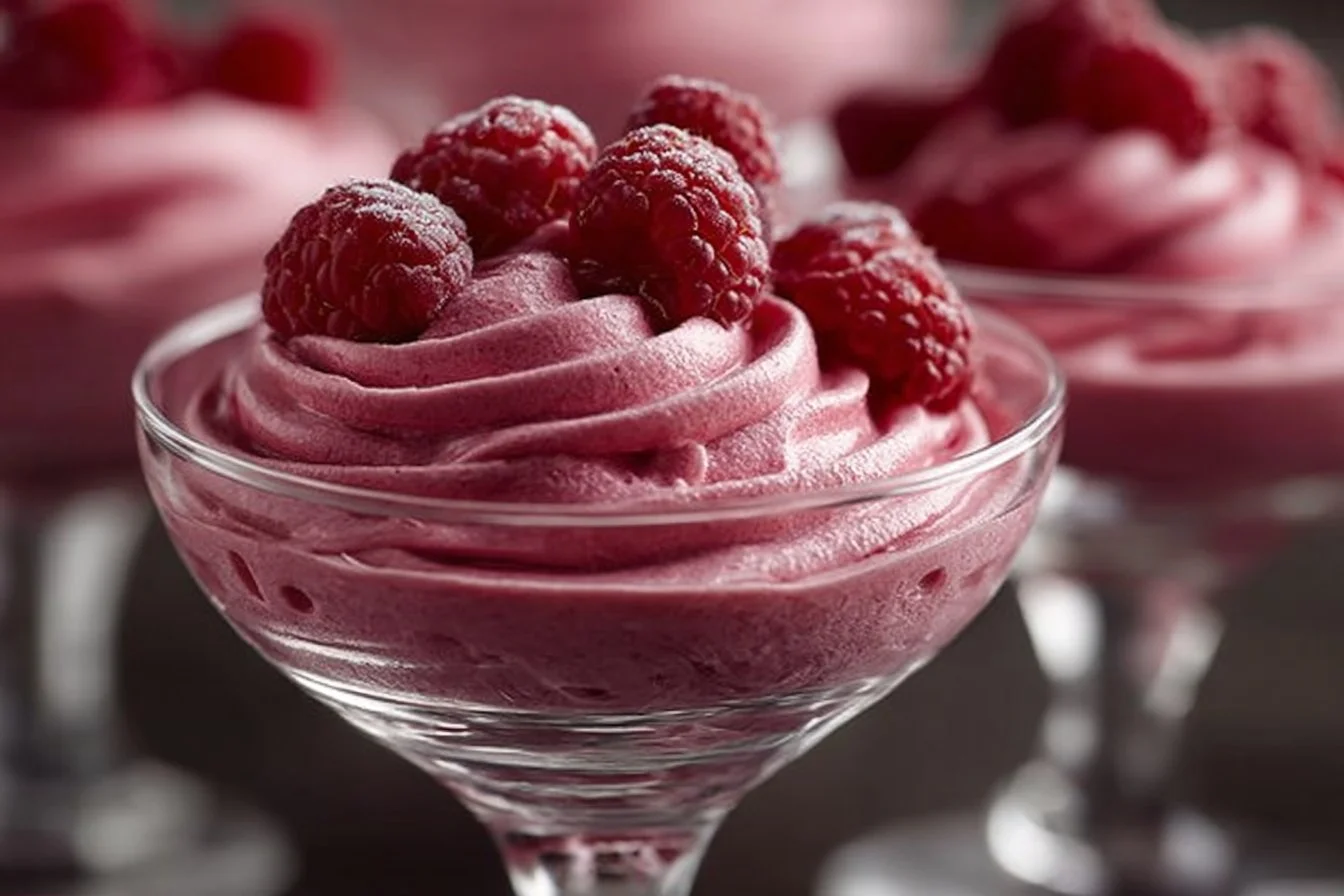 Delicious Raspberry Mousse dessert served in a glass with fresh raspberries on top.