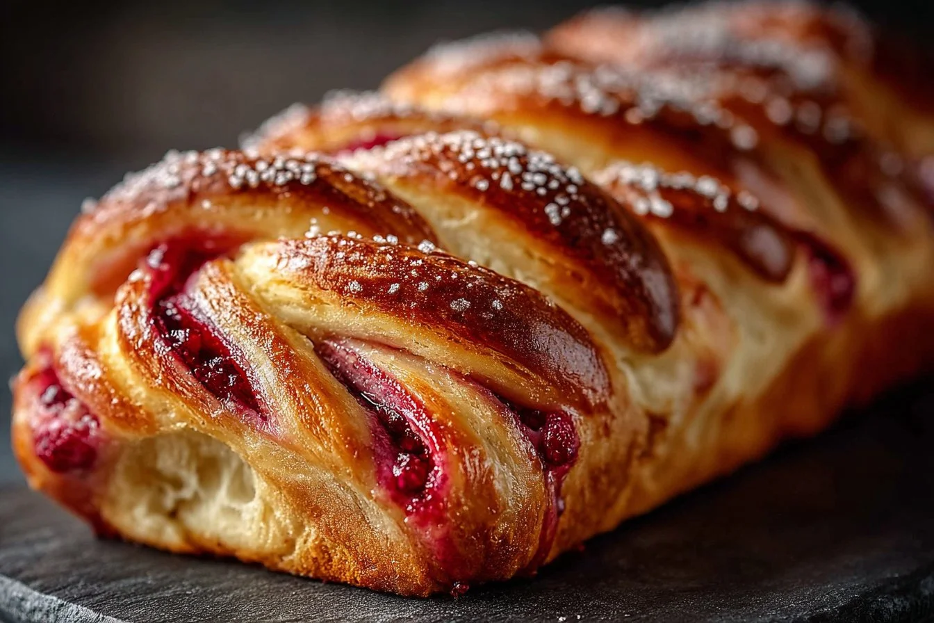 Freshly baked Raspberry Swirl Brioche Loaf with vibrant swirls of raspberry