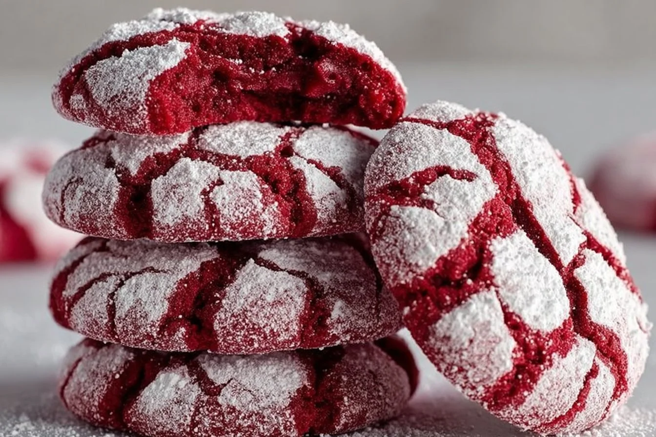 Plate of delicious red velvet crinkle cookies with powdered sugar on top.