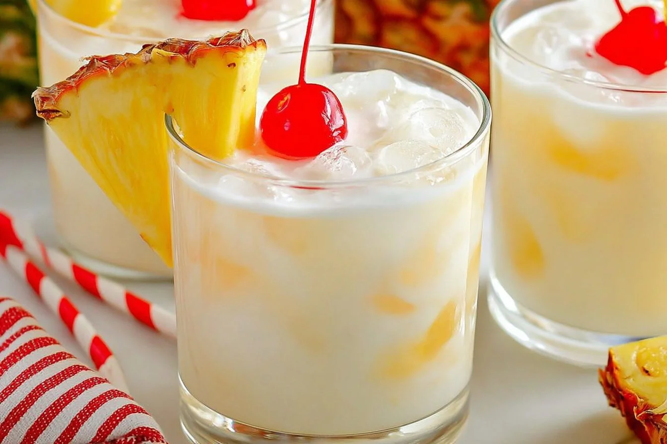Refreshing Pina Colada Punch in a tropical setting with fruits and drinks