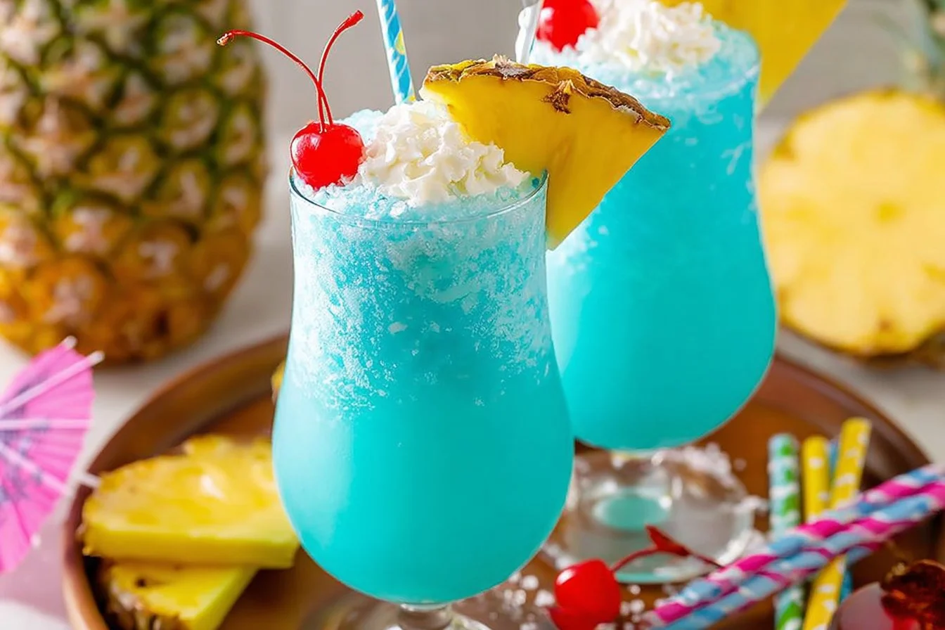 Refreshing Blue Hawaiian cocktail garnished with a pineapple slice and cherry.