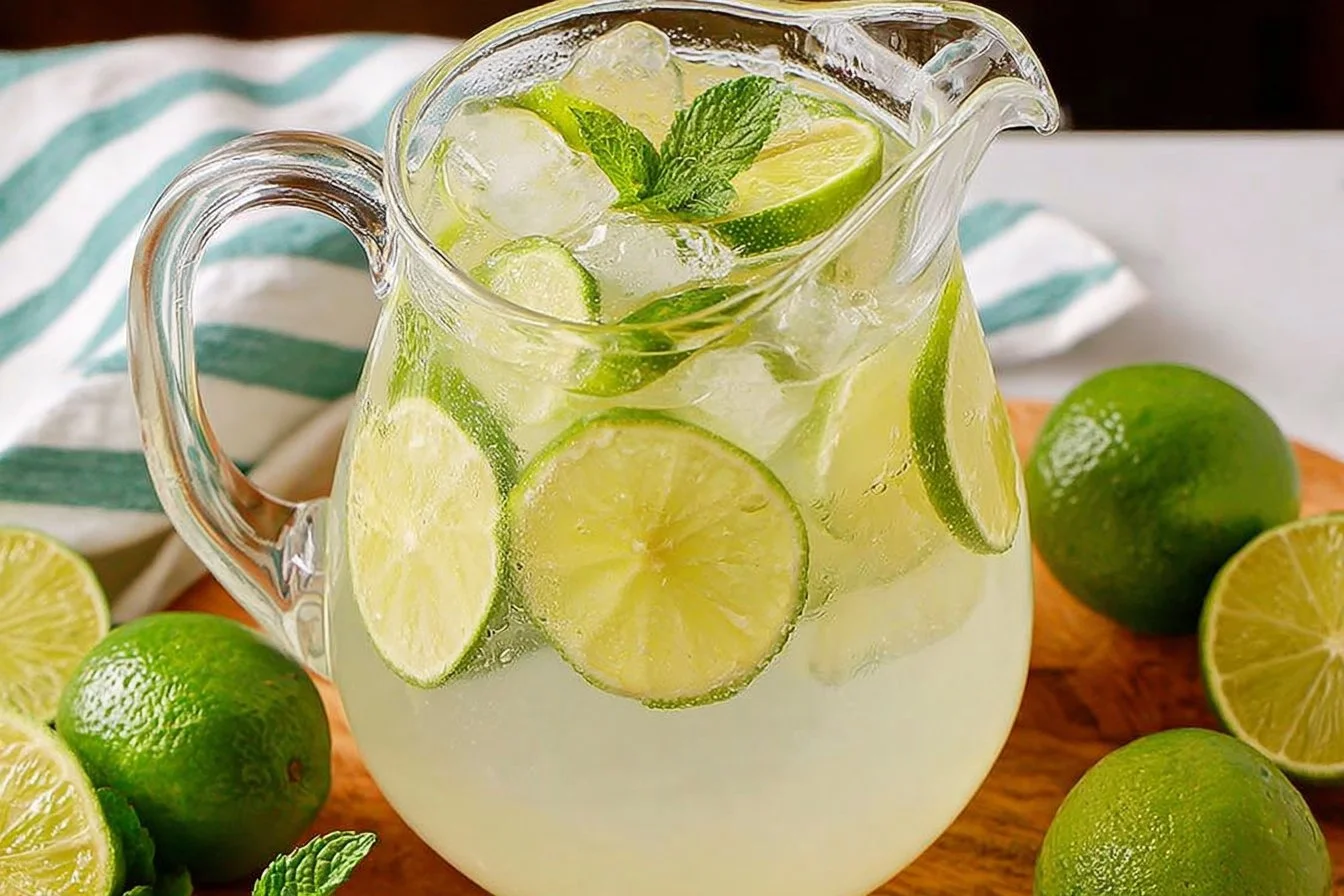Glass of refreshing limeade with mint and lime slices