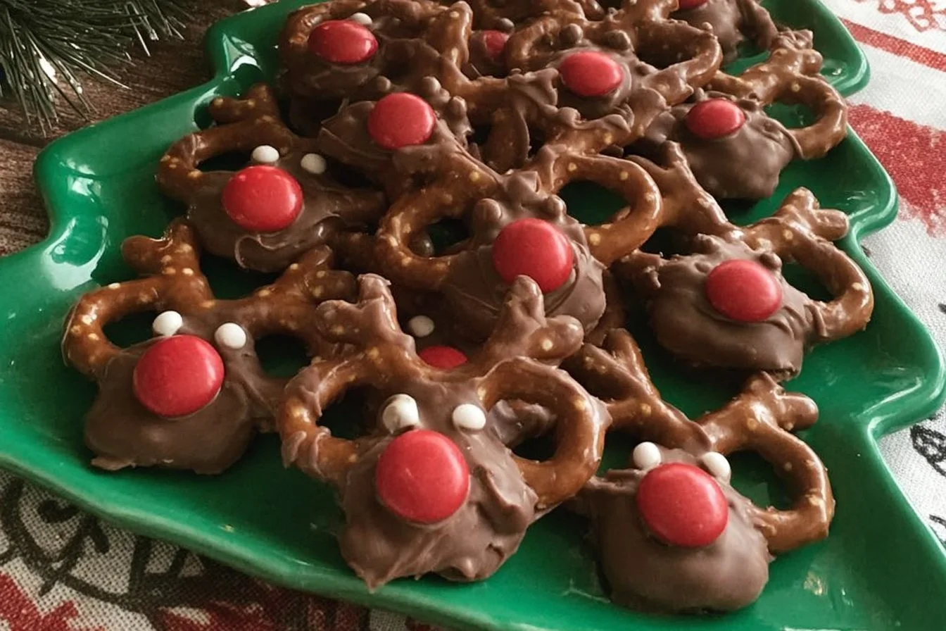 Delicious Rudolph the Red-Nose Reindeer pretzels decorated for the holidays