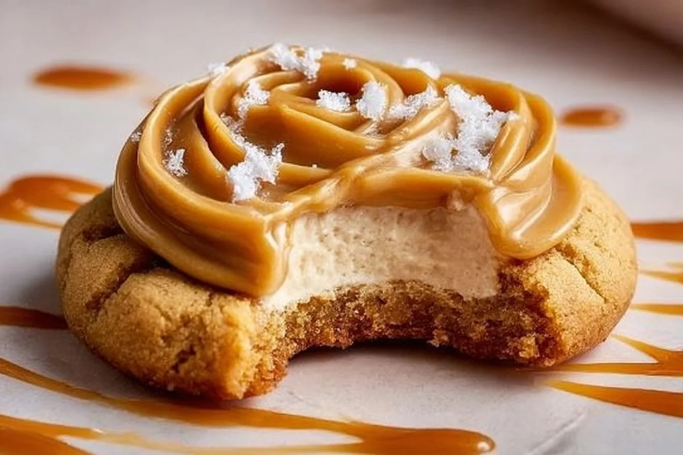 Delicious salted caramel cheesecake cookies on a plate