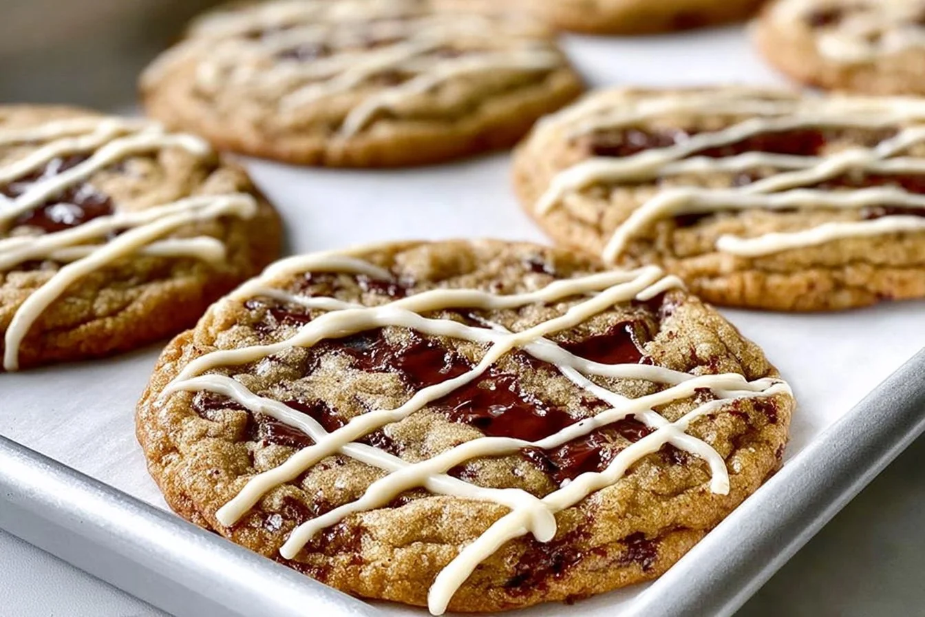 Salted chocolate chip cookies with amaretto almond icing on a plate
