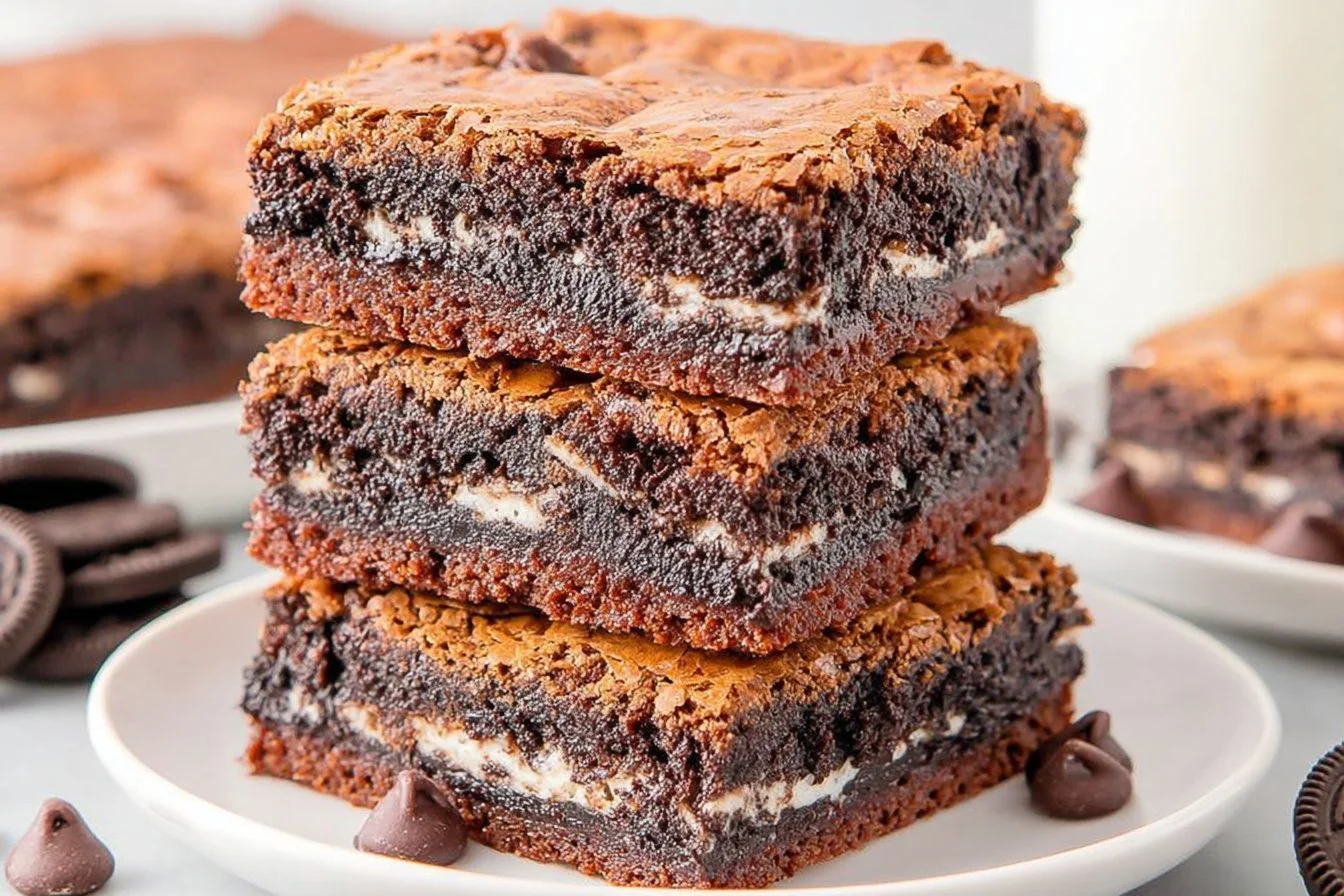 Delicious slutty brownies with cookie dough, Oreos, and chocolate brownie layers