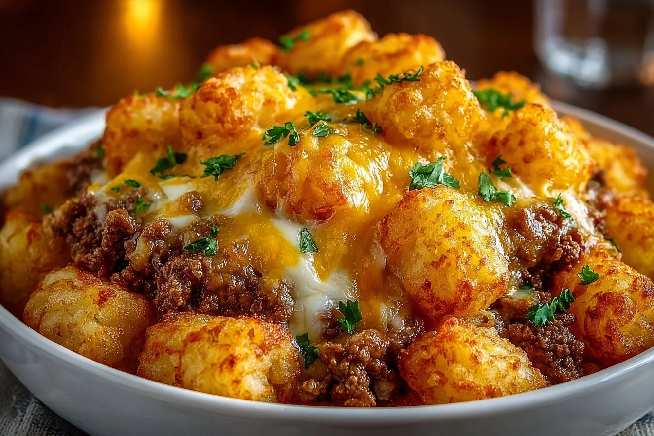 Delicious Tater Tot Casserole served in a baking dish, ready to enjoy.