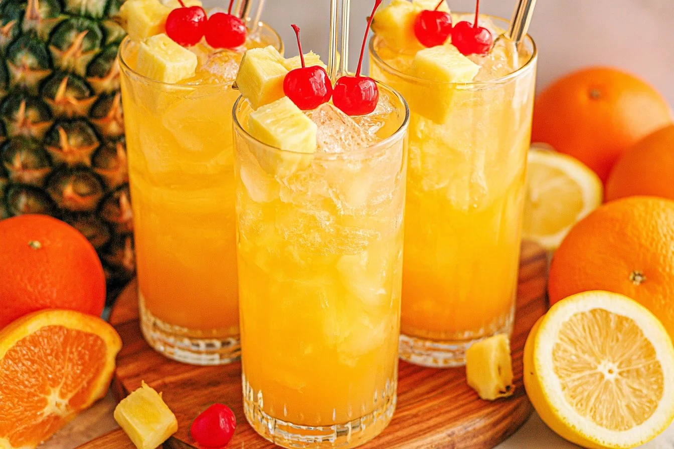 A refreshing glass of tropical lemonade punch garnished with fruits