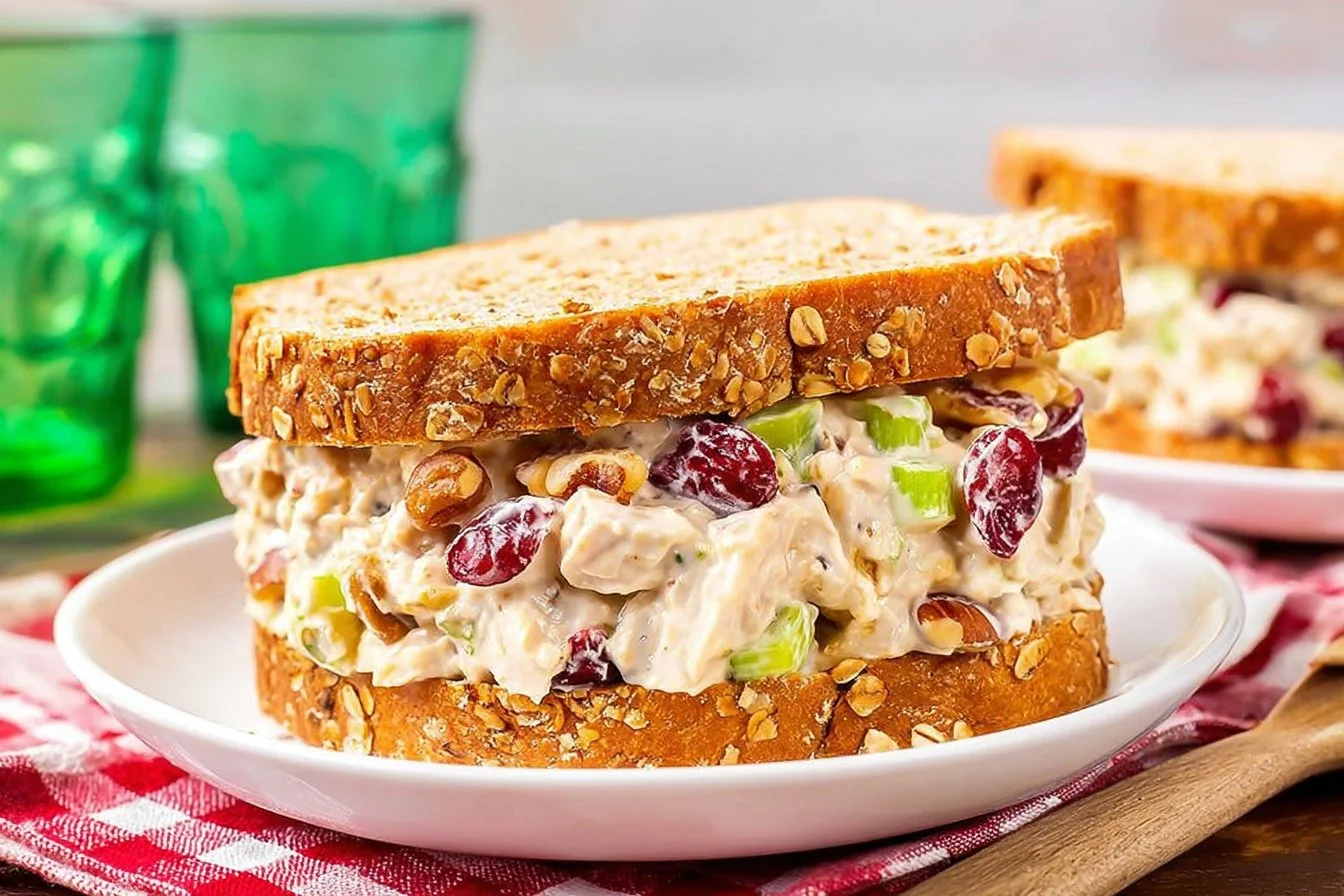 Healthy turkey salad with cranberries and pecans, a delicious meal option.